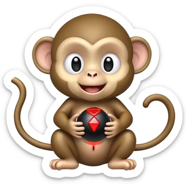 Baby monkey smiling while presenting you a black spherical object that has a fuse sticker