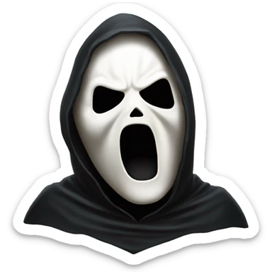 “Apple emoji of Ghostface: white mask with a screaming expression, dark eyes, and a black hooded cloak.” sticker