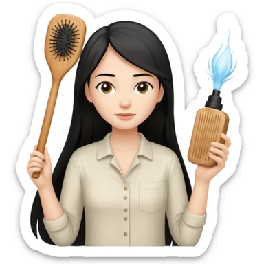 A white woman with long, straight black hair, wearing an ivory-colored shirt, holding a small square wooden paddle hairbrush in her left hand and spraying a hair mist bottle with her right hand toward her hair. sticker