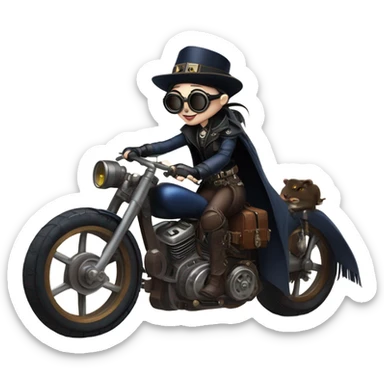 Bounty hunter Wednesday Addams Jedi wearing a pair of navy-blue rimmed steampunk goggles, hat, leather chaps, fringe jacket riding a relaxed sci-fi 3 wheeler reverse-trike steampunk rat rod motorcycle with large fenders and saddlebags in desert town  sticker
