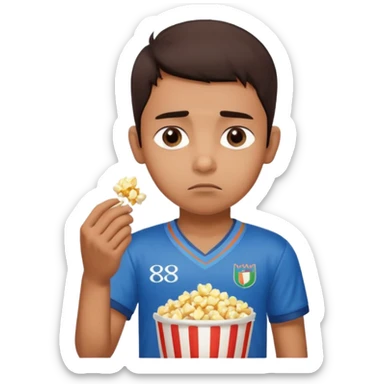 an indian boy wearing indian cricket jersey and eating popcorn and looking sad sticker