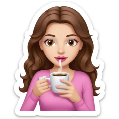 girl with long wavy brown hair, brown eyes, long lashes, pink lips, light to medium complexion, pink sexy top, sipping coffee sticker