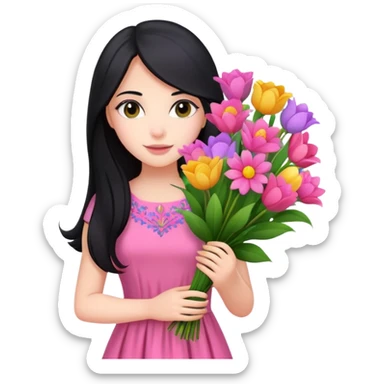 beautiful girl with long black hair, fair skin, wearing pink dress holding a colorful bouquet of flowers sticker