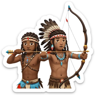 Black American man dark brown with dreads with a American Indian headdress shooting a bow and arrow at a native Indian while they run sticker