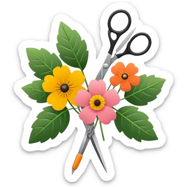 Minimalistic flat vector icon, iOS style, thin black contour on white background. Flower bouquet with leaves and scissors. No text, no shadows. sticker