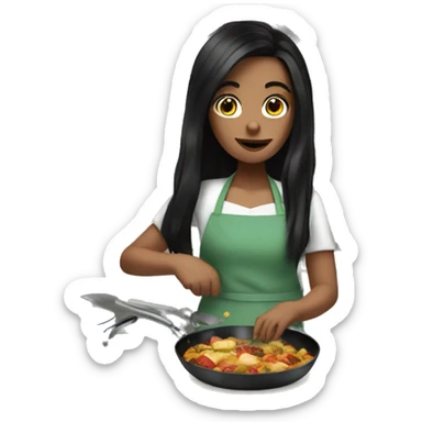 Pale girl with long black hair cooking dinner  sticker