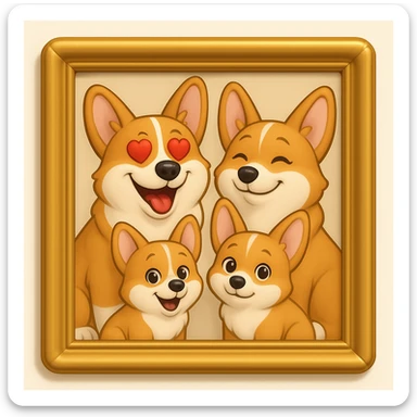 Make the lines and style of the corgi family photo match the 3D emoji look and line quality of the reference image, with smooth, soft shading and a playful, expressive feel. Keep the family photo in a decorative frame. The style should resemble the 3D emoji style with smooth and soft shading, playful and expressive. sticker