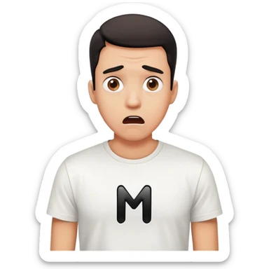 A shocked man wearing a white t-shirt with a big black M on the t-shirt  sticker
