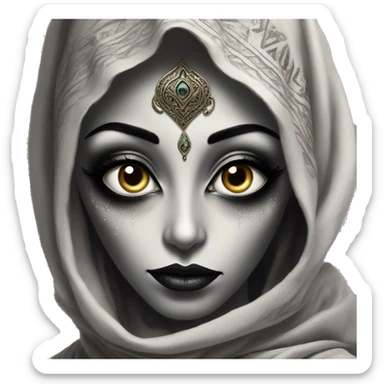 Alien in Aladdin style, oil paint, black eyes, intricate lips, intricate portrait, beautiful, desirable, logical, Arabic sticker