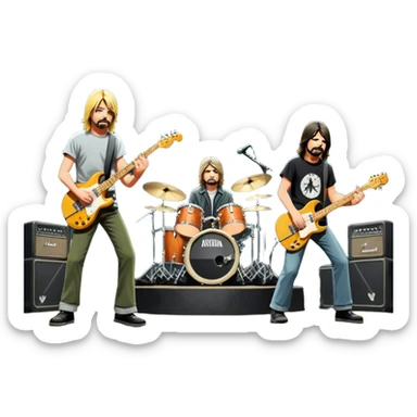Icon for Rock Music: Nirvana performing on stage with Kurt Cobain on guitar and vocals, Krist Novoselic on bass, and Dave Grohl on drums. A grunge-inspired vibe with dynamic stage lighting and musical energy. Transparent background. sticker