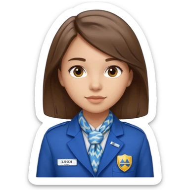 Young girl, straight hair, wearing uniform jacket with hotel name badge, tasteful scarf, stand behind the desk

 sticker