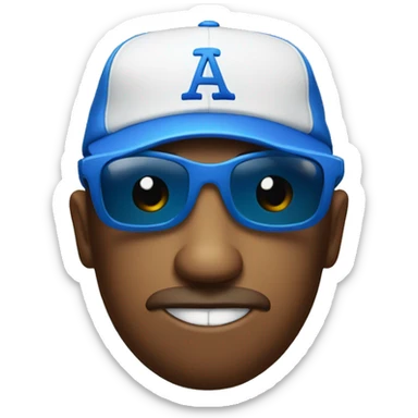 A smug look wearing sun glasses and a blue baseball hat sticker