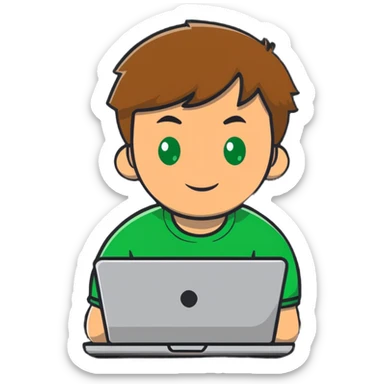 man with light brown hair and green eyes sitting in front of a laptop sticker