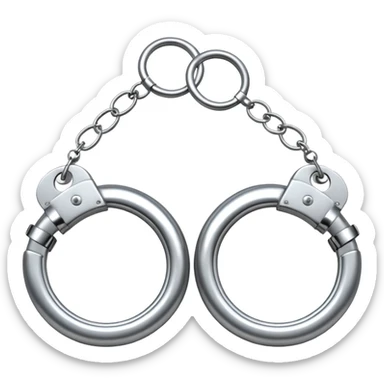 A pair of elegant handcuffs emoji made of silver chrome, smooth rounded design, glossy metallic reflections, luxury fetish aesthetic, minimal iOS emoji style, centered, clean white background sticker