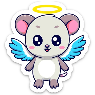 possum with angel wings, sparkles, glowing halo, vibrant neon colors, cute big eyes sticker