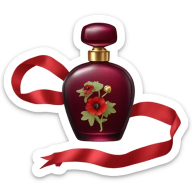 Dark red romantic perfume bottle with red anemones and a silk red ribbon sticker