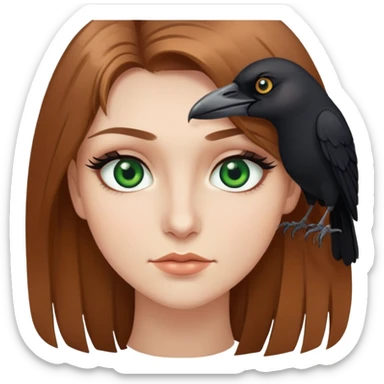 Light brown hair green eyes with long lashes and a crow  sticker