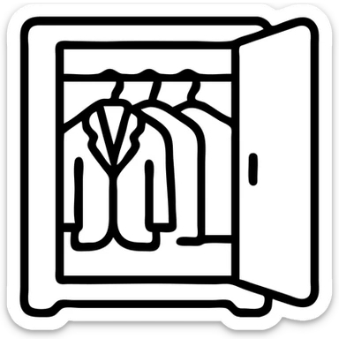 Minimalist flat design of a closet or wardrobe, slightly open showing neatly hung jackets and shirts, clean professional look sticker