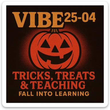 Create a logo that encompasses a retro 80's feel, nostalgic, ALSO RETRO.  Add the words "VIBE25-04: Tricks, Treats & Teaching: Fall Into Learning" sticker