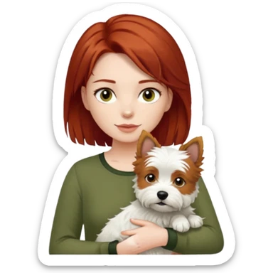 Westhighland white terrier dog being held by woman with dark shoulder length red hair and hazel eye wearing olive green top sticker