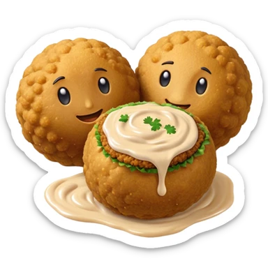 Cinematic Realistic Falafel Dish Emoji, depicted as crispy, golden falafel balls served with tahini sauce rendered with lifelike textures and vibrant, appetizing lighting. sticker