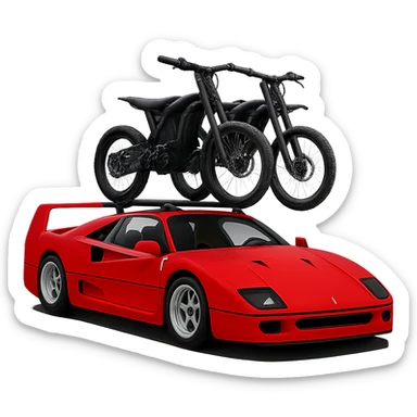 Make the two Sur-Ron electric bikes on the roof rack much smaller in proportion to the Ferrari F40. Keep the background transparent. sticker