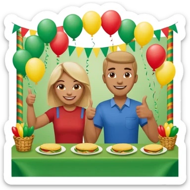 party table decorated with green red and  yellow colors, including a backdrops, balloons arch, streamers and more. On the table are intricate displays of colombian arepas, and baskets of money. In the forefront is a woman and man in simple clothing, big smiles and big thumbs up sticker