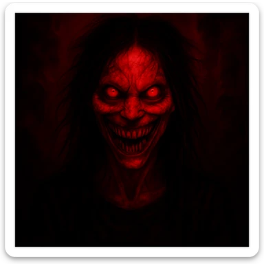 Change the color scheme to red and black with intense red lighting and shadows, using a horror palette. Keep all other details unchanged. sticker