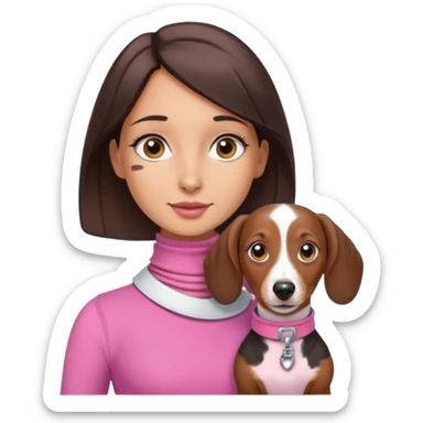 a brunette girl, olive skin, hazel eyes, pink top, neck brace on her neck, piebald dachshund next to her sticker