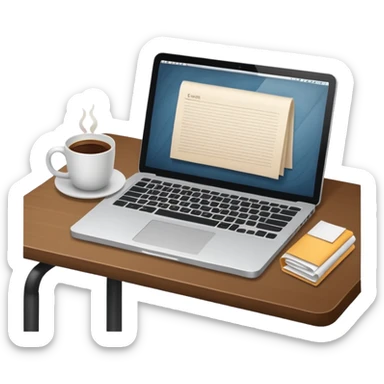emoji of a cozy desk with a paper, a coffee, and a laptop on it sticker