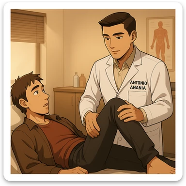 fai un webtoon manga a colori con questo stile, in cui un uomo è steso sul lettino medico e il kinesiologo con il camice bianco (fagli anche la scritta "ANTONIO ANANIA" SUL CAMICE, gli solleva una gamba per fargli il test neuromuscolare, IL KINESIOLOGO SPIEGA ALL'UOMO UNA cosa mentre gli alza la gamba. non fare i fumetti però, fai solo in modo che sembri stiano parlando sticker