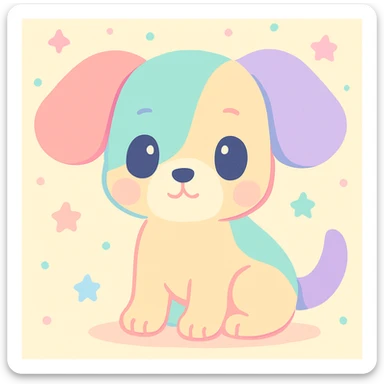 cachorro com orelhas grandes, estilo delicado e colorido de Hikaru Kotz, traços suaves, cores vibrantes, expressão curiosa, detalhes artísticos, fundo claro sticker