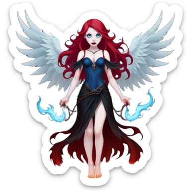 full body portrait of an extremely diabolical girl with pale white skin, massive towering wings, very long flowing blood red hair, glowing blue eyes, evil grin, no accessories, standing in thick swirling dark red and black smoke that rises up from the ground, heavy smoke effect at her feet sticker