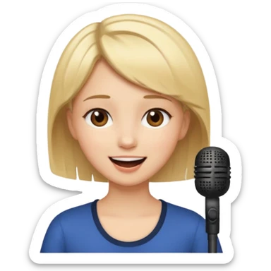 Crea una chica cantando con pelo rubio corto con ojos cafes  sticker