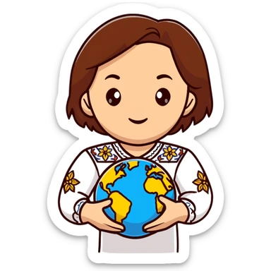 Beautiful young girl with brown hair wearing a white Ukrainian embroidered shirt holding a globe in her hand sticker