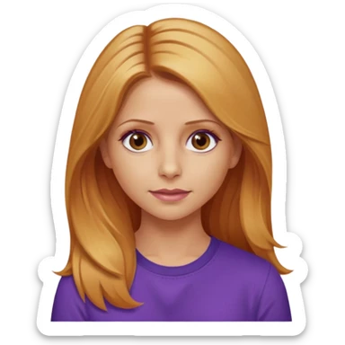 Sarah Michelle Gellar with hazel eyes, strawberry blonde long hair, purple shirt sticker