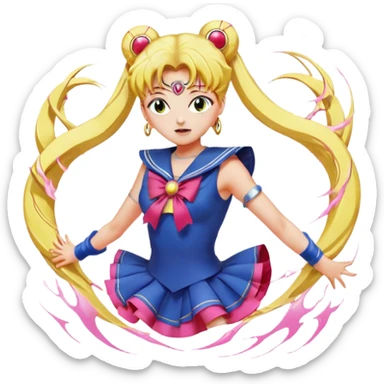 Icon for Anime: vibrant, dynamic scene with Bishoujo Senshi Sailor Moon in action, featuring exaggerated expressions and colorful backgrounds. The design should reflect the distinct, energetic style of anime, with iconic eyes and unique visual elements. Transparent background. sticker