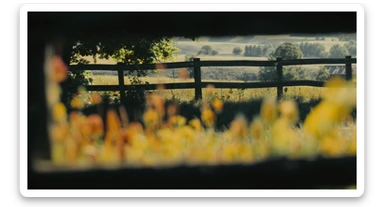 "Two shot" in the foreground, blurred plants in the foreground (frame within a frame), a wooden fence and colorfull flowers in the midground, Poland, rolling hills in the background, cinematic depth of field, layered composition, natural lighting sticker