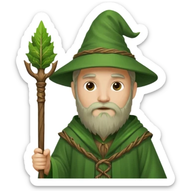 Forest Wizard – green robe, wooden staff, leafy beard sticker