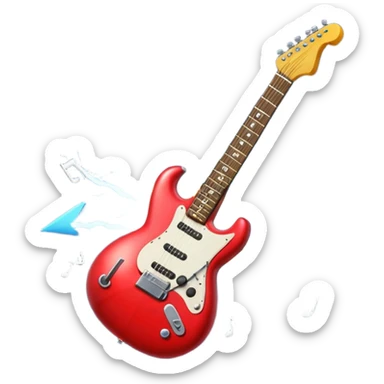 A 3D Apple-style emoji of a bold “ROCK” text written in shiny metallic letters, with an electric guitar leaning on the text, surrounded by small music notes and lightning bolts, energetic and powerful rock music vibe sticker
