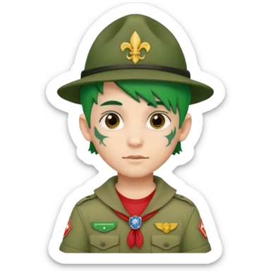 scout boy face tatooes green haired, wearing red uniform with hat sticker