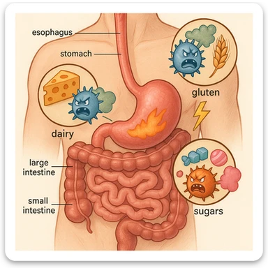 Anatomical illustration: human torso section focusing on stomach and intestines. Inside, stylized parasites react aggressively to dairy, gluten, and sugars (foods highlighted). The parasites release symbolic toxins like colored gas and lightning bolts. Medical illustrative style. sticker