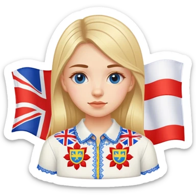 Ukrainian girl in an embroidered shirt against the background of the British flag sticker