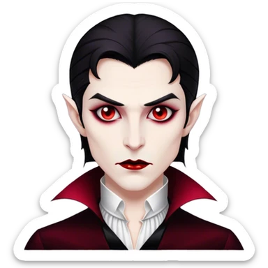 Cinematic Noble Vampire Portrait Emoji, Elegant and commanding, with a refined, pale visage framed by dark, velvet accents and a hint of crimson, exuding timeless seduction and dangerous allure, simplified yet exquisitely detailed, glowing with a soft nocturnal radiance and a subtle, mysterious outline that captures the regal spirit of an immortal lord of the night! sticker