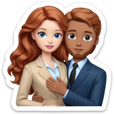 Barbie girl  , eyes blue , Chestnut red long wavy hair In pale beige clothes, Hugs a man with light brown hair Short hair , brown eyes , and a black suit sticker