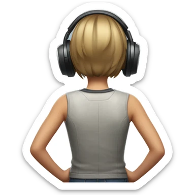 a girl with short hair winning a VR game facing the wall and showing her back sticker