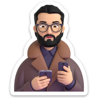 professional man with medium black beard, black hair combed to one side, connected unibrow, olive tan skin, brown eyes, glasses, prominent nose, wearing black coat, intently looking at and interacting with smartphone screen, with subtle office background sticker