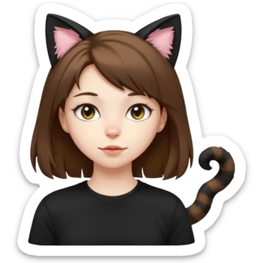 a girl with pale skin, shoulder lengh brown hair with lots of dandruff , cat ears and a tail, with a black t-shirt on sticker