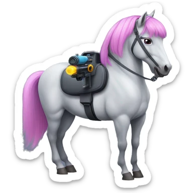 Gray horse with pink and blue hair. One of its front legs is a violet laser gun sticker