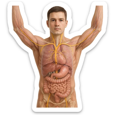 realistic 4K front view image of human body with arms raised, vagus nerve highlighted, anatomical details, visible vagus nerve path, transparency on internal organs, natural colors, white background sticker